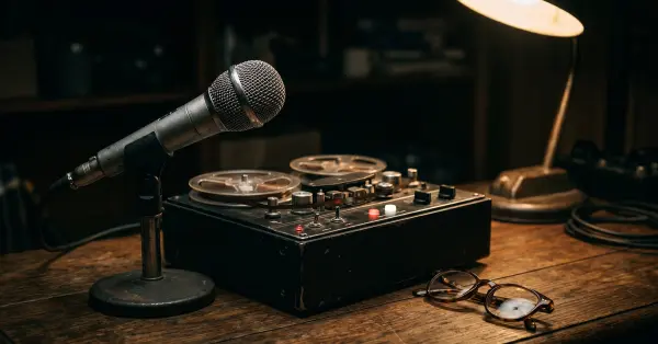 Microphone and reel to reel on a desk